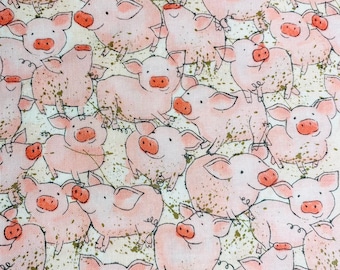 One Half Yard of Fabric Material -  Watercolor Packed Pigs, Pig Fabric, Pigs in Mud, Farm Pigs, Pet Pigs