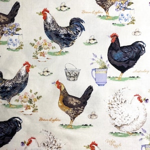 Fabric By The Half Yard - Named Chickens and Tea Cups, Chicken Fabric, Farm Fabric, Rooster Fabric