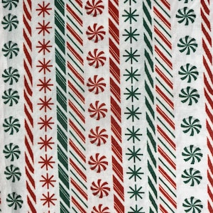 Fabric By The Half Yard - White, Red and Green Candy Cane Stripes, Peppermints, Christmas Stripes, Christmas Fabric