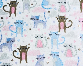 Fabric By the Half Yard of FLANNEL Fabric - Pastel Cats on White, Cat Fabric, Kitten Fabric, Happy Cats Fabric, FLANNEL Fabric
