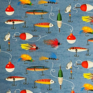 Fabric by the Half Yard - Fishing Lures on Blue/Gray, Fishing Fabric, Lure Fabric, Fathers Day, Fishing Lures