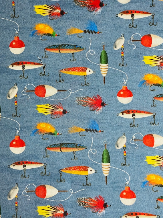 Fabric by the Half Yard Fishing Lures on Blue/gray, Fishing Fabric