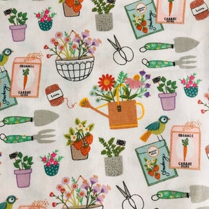 Fabric By The Half Yard-   Garden Time,  Garden Fabric, Spring Gardening, Garden Tools, Garden Seeds, Floral Fabric