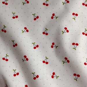 Fabric By The Half Yard - Small Cherries and Dots, White, Cherry Fabric, Vintage Style Cherry Fabric