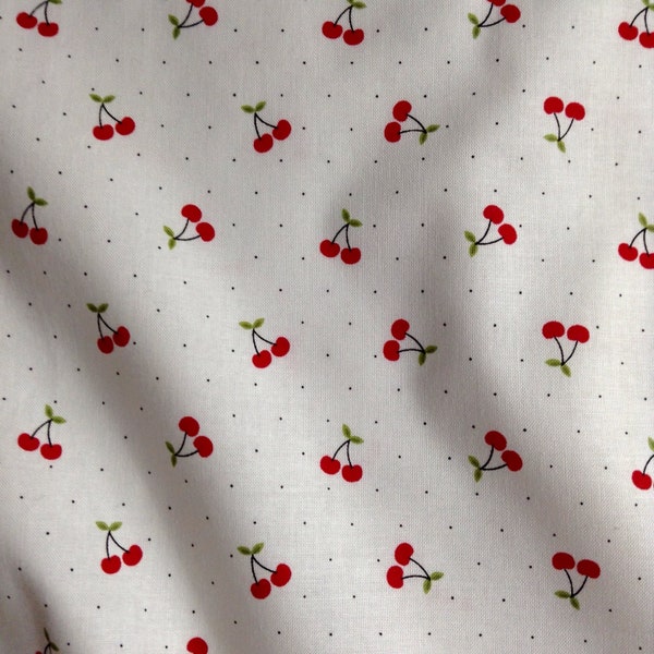 Fabric By The Half Yard - Small Cherries and Dots, White, Cherry Fabric, Vintage Cherry Fabric