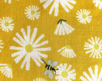 Fabric By The Half Yard -  Bees on Daisies, Golden Yellow, Bee Fabric, Bumble Bee Fabric, Daisy Fabric