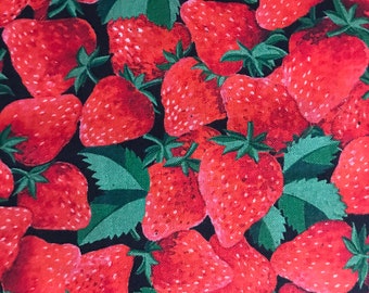 Fabric By The Half Yard - Packed Strawberries on Black, Food Fabric, Strawberry Fabric, Berry Fabric, Packed Strawberries Fabric