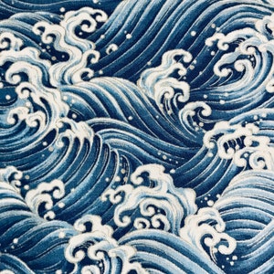 Fabric By The Half Yard - Packed Waves, Blue,  Metallic Silver, Ocean Waves, Asian Design