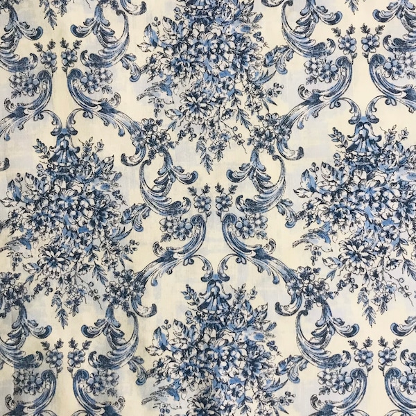 One Half Yard of Fabric Material - Antique Blue and White Damask, Damask Fabric