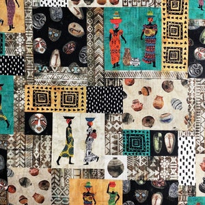 May include: A colorful fabric with a patchwork design featuring geometric patterns, stylized figures, and pottery. The fabric is a mix of brown, black, white, yellow, blue, and red.