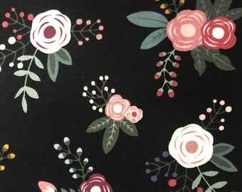 One Half Yard of Fabric - Sweet Floral on Black, Rose Fabric, Floral Fabric, Pink Floral