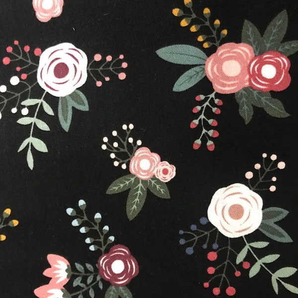 One Half Yard of Fabric - Sweet Floral on Black, Rose Fabric, Floral Fabric, Pink Floral
