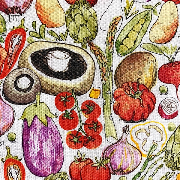 Fabric By the Half Yard - Watercolor Vegetables, Vegetable Fabric, Mixed Vegetables, Kitchen Fabric, Apron Fabric, Food Fabric