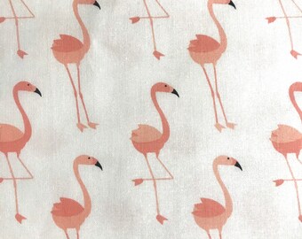 One Half Yard of Fabric Material - Salmon Pink Flamingos on White