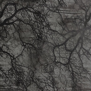 May include: A fabric textile featuring a dark charcoal gray background with a high-contrast black print of intricate, leafless tree branches. The pattern displays a dense, overlapping network of twigs and limbs that create a textured, organic visual effect.