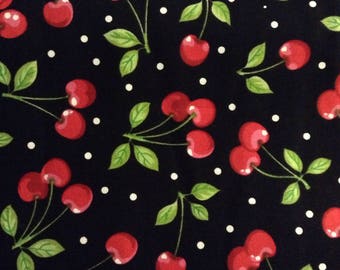 One Half Yard of Fabric Material - Dots and Cherries Black, Cherry Fabric