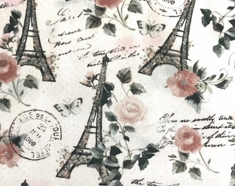 One Half Yard of Fabric Material - Paris Rose Glitter, Paris Fabric, Eiffel Tower, Travel Fabric