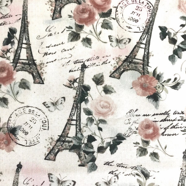 One Half Yard of Fabric Material - Paris Rose Glitter, Paris Fabric, Eiffel Tower, Travel Fabric