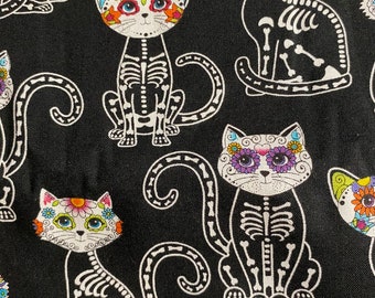 Fabric By The Half Yard - Sugar Skull Cats, Halloween Cats, Cat Fabric