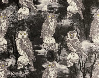 Fabric By the Half Yard - Owls in Midnight Forest, Owl Fabric, Silhouetted Trees, Skulls, Halloween Fabric, Black/Charcoal, Halloween Trees