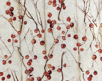 One  22 Inch Piece of Fabric - Winter Berries, Christmas Fabric, Designer Fabric, Fall Berries, Berry Fabric