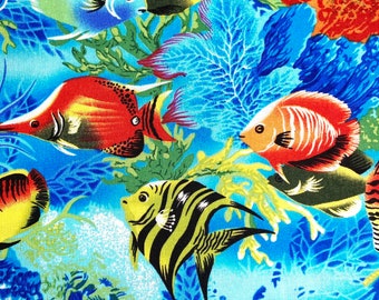 Fabric By The Half Yard - Tropical Fish, Sea Coral Fabric, Sea Turtle Fabric, Premium Fabric.  Ocean Fish, Aquarium Fish