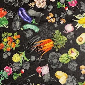 Fabric By the Half Yard - Watercolor Vegetables, Vegetable Fabric, Mixed Vegetables, Kitchen Fabric, Apron Fabric, Food Fabric