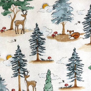 May include: A white fabric with a repeating pattern of stylized trees, deer, and foxes. The trees are green and blue, the deer are brown, and the foxes are orange. There are also small red mushrooms and yellow suns in the pattern.