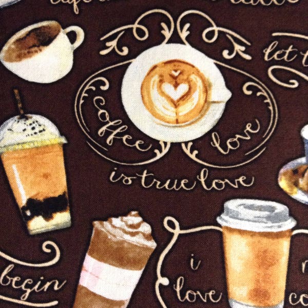 One Half Yard of Fabric Material - Cafe Diem, Coffee, Espresso, Late, Cappucino, Coffee Fabric