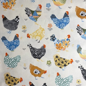 Fabric By The Half Yard - Patterned Chickens, Chicken Fabric, Farm Fabric, Rooster Fabric