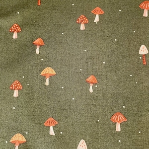 Fabric By The Half Yard - Brown Mushrooms on Dark Olive, Mushroom Fabric, Garden Fabric