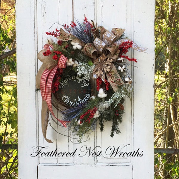 Christmas Wreath for Front Door, Cotton Bolls, Christmas Wreath with Cotton, Christmas Door, Door Decor, Gingham Ribbon, Rustic Christmas