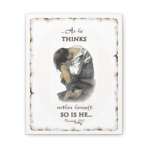 May include: A vintage-style illustration of a person with their head in their hands. The text reads "...As he THINKS within himself, SO IS HE... Proverbs 23:7"