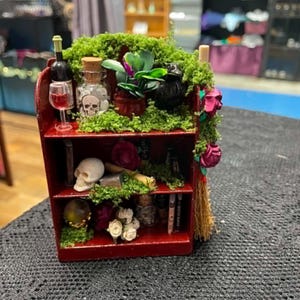 May include: A miniature three-tiered dark red wooden shelf decorated with green moss, featuring a wine bottle, a skull-labelled jar, a potted plant, a black bird, a human skull, a crystal ball, small flowers, and a broomstick attached to the side.