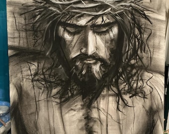 Jesus Christ Charcoal Art Print, Crucifixion Art, Christian Home Decor (8.5x11)