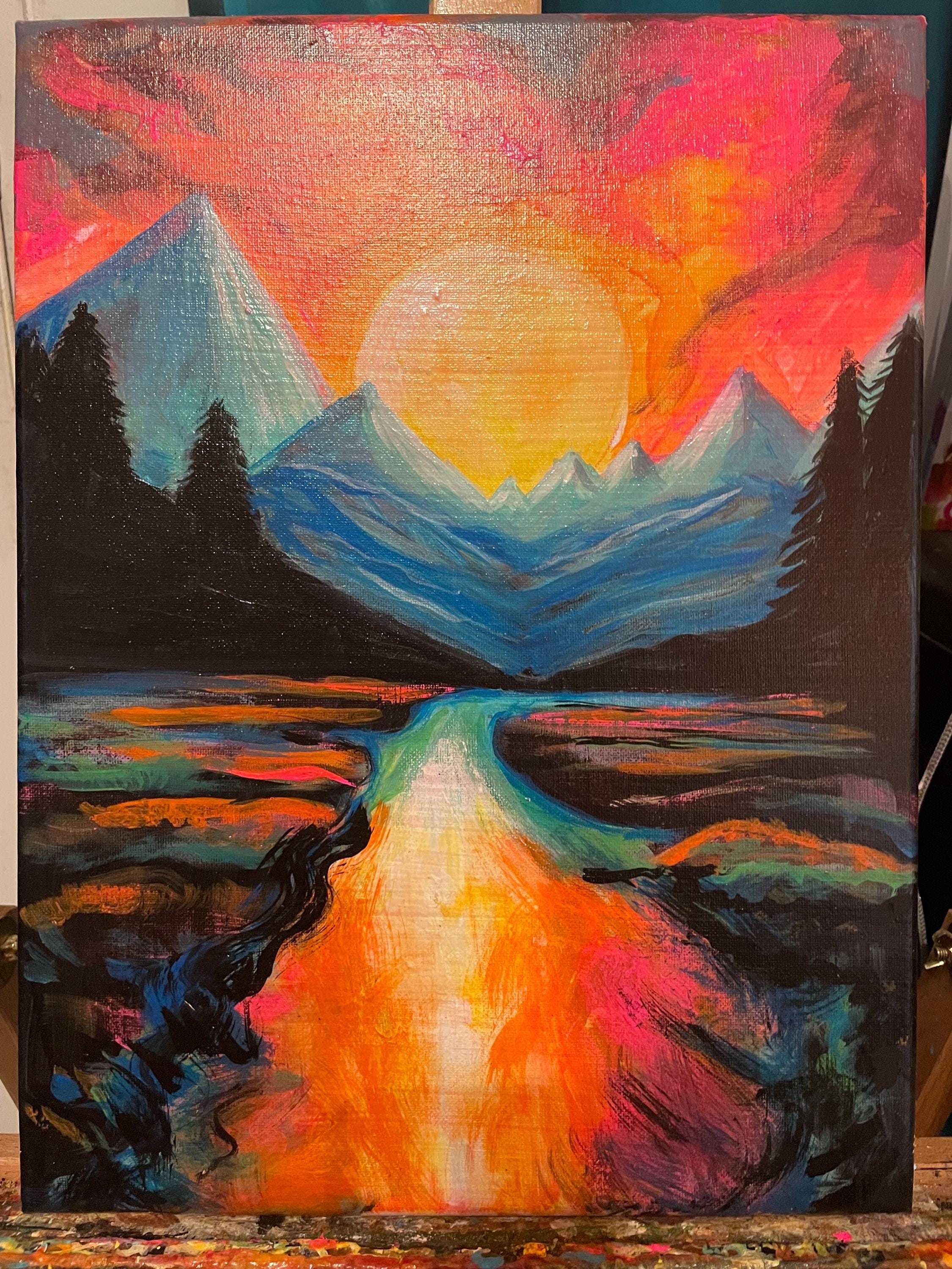 Mountain Sunset Sunrise Colorful Bright, Original Painting on