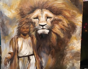 Jesus Lion of Judah Original Painting, Golden Acrylic Christian Art (30x24)
