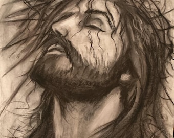 Original Jesus Christ Charcoal Drawing, Religious Art (18x24)