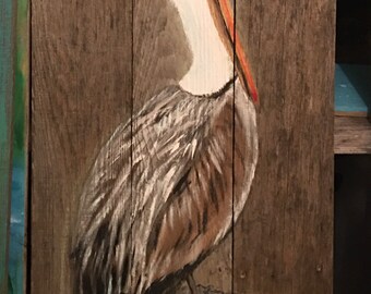 Rustic Brown Pelican Cedar Wood Sign, Coastal Decor (31x16)