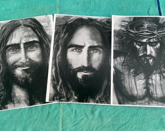 Jesus Christ 3 Prints !! Jesus smiling , Great Christmas gift idea,Sale price, from my original  charcoal paintings  8:5x11 quality prints