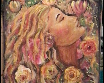 Woman with Flowers 16x20 Original painting,flowers, women, beauty, fine art