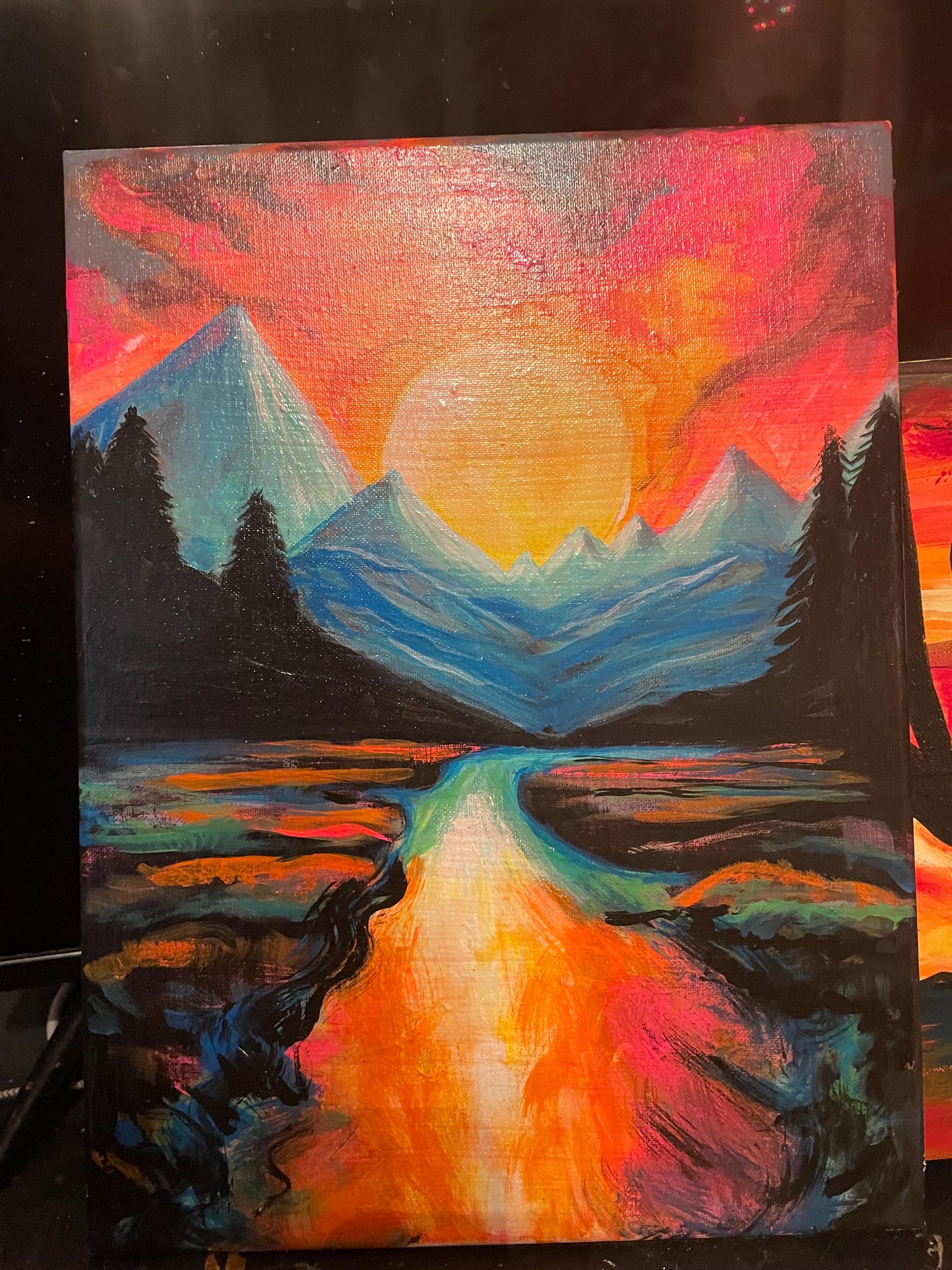 Mountain Sunset Sunrise Colorful Bright, Original Painting on