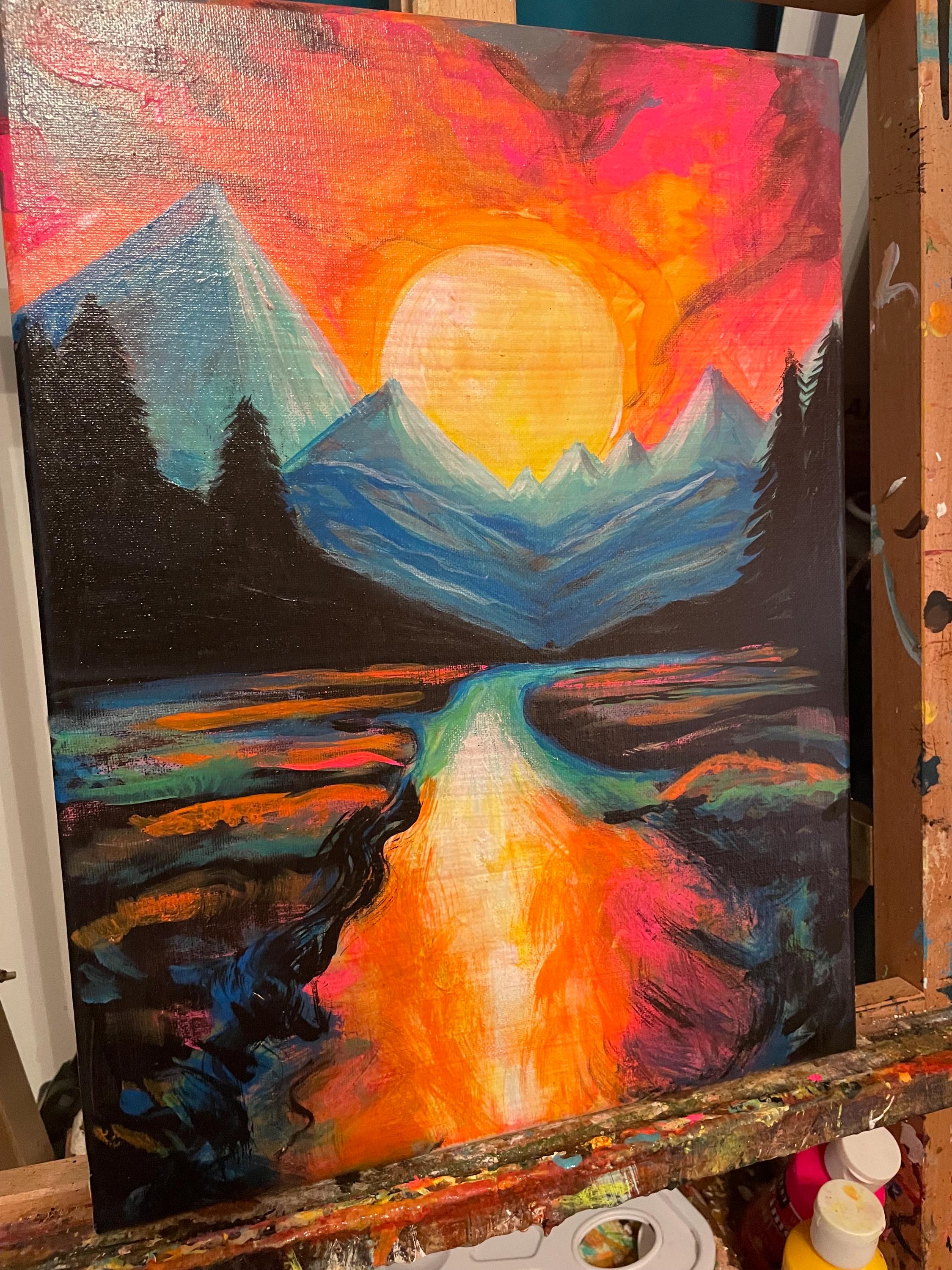 Mountain Sunset Sunrise Colorful Bright, Original Painting on