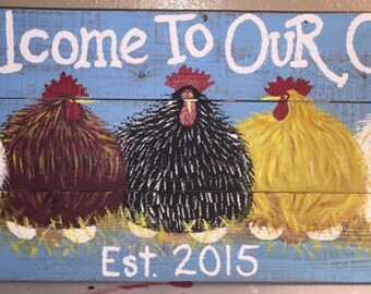 Custom Chicken Coop Sign, Rustic Hand Painted Farmhouse Decor (32x16)