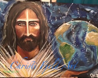 Jesus Christ Lord and Savior has the Whole World in His Hands, Original Painting