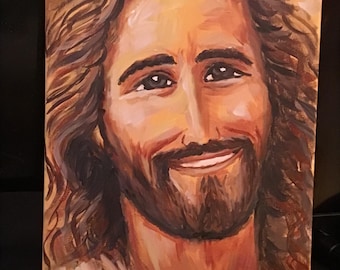 Smiling Jesus Christ Original Painting, Golden Acrylic, 12x16