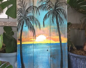 Rustic Cedar Beach Sunset Palm Tree Painting, Coastal Wall Art (27x16)