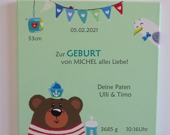 Babybild "Seebär & Co" mint 30x30cm (Leinwand; personalisiert)
