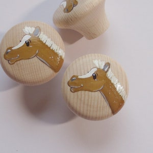 Könnte beinhalten: Drei Holzknöpfe mit bemalten Pferdeköpfen. Die Pferde sind braun mit weißen Markierungen und haben eine hellbraune Mähne. Die Knöpfe sind rund und haben eine glatte Oberfläche.