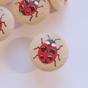 Könnte beinhalten: Eine Sammlung von Holzschrankknöpfen mit einem Marienkäfer-Design. Jeder Knopf zeigt einen roten Marienkäfer mit schwarzen Punkten und einem schwarzen Kopf, vor einem Hintergrund aus natürlicher Holzmaserung. Die Knöpfe sind rund.